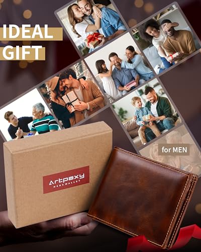 Mens Wallet Bifold Genuine Leather RFID Blocking Wallet for Men with 1 ID Windows 13 Card Holders 2 cash pockets 1 Gift Box (Deep Brown)