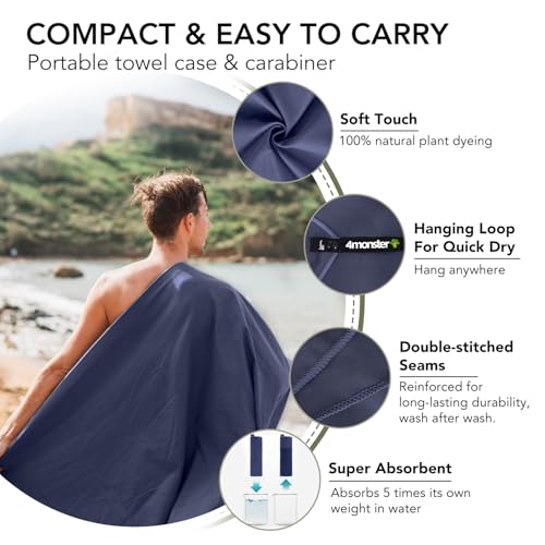 Quick Dry Travel Towel with Case & Carabiner (Navy Blue / 47.00" x 23.60")