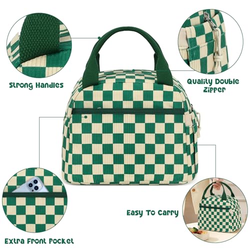 Lunch Box for Women men Insulated Cute Corduroy Lunch bag (Corduroy Green White Checked / 10L)