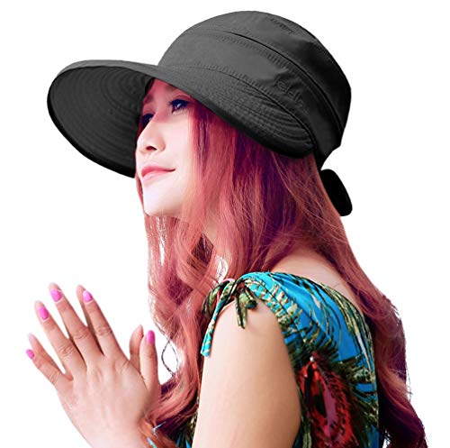 Sun Hats for Women with UV Protection Wide Brim Sun Hat Visor Summer Beach Outdoor Foldable Womens Cap (One Size-Medium / Black)