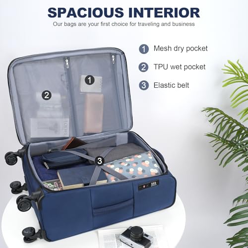 Softside Expandable checked Luggage with Front Business Pockets (Navy-24 / 24 inch)