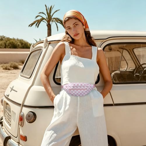 Pink Checkered Fanny Pack for Women Cross Body Bag for Concerts Travel (Checkered-Rose Pink / Large)