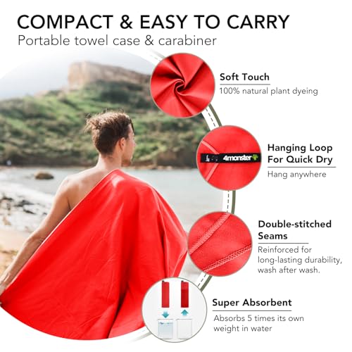 Quick Dry Travel Towel with Case & Carabiner (Red / 20.00" x 12.00")