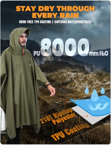 Hooded Rain Poncho for Adult Waterproof Lightweight Raincoat (Army Green)