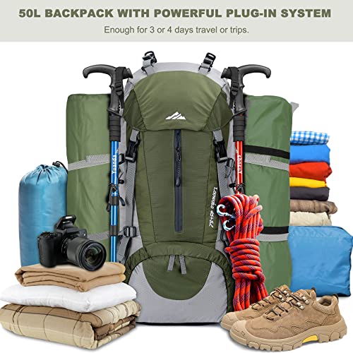 50L Hiking Backpack with Rain Cover for Both Men & Women (Green)