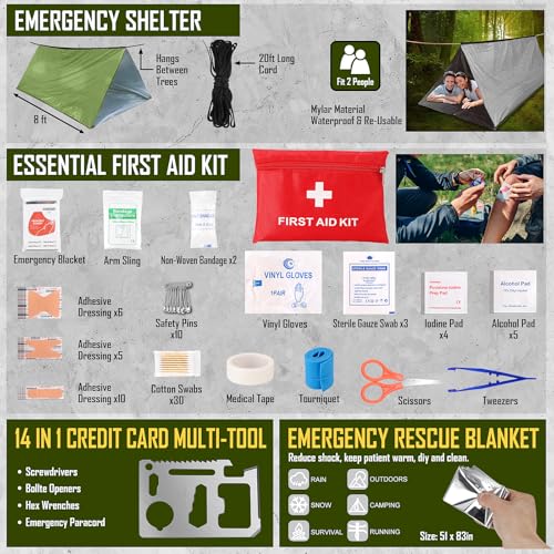 Survival Kit 268 Pcs Emergency Survival Gear and Equipment Supplies with First Aid Kit (Black Como)