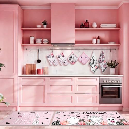 10 Pcs Halloween Kitchen Decor Pink Ghost Kitchen Rugs Set (Pink, White / Ghost)