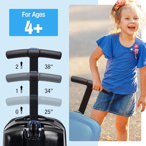 2-in-1 Ride-On Scooter Suitcase for Kids & Adults, 20” Foldable Hardshell Carry-On Luggage for Travel, Lightweight Kids Scooter Bag with Wheels (Blue)
