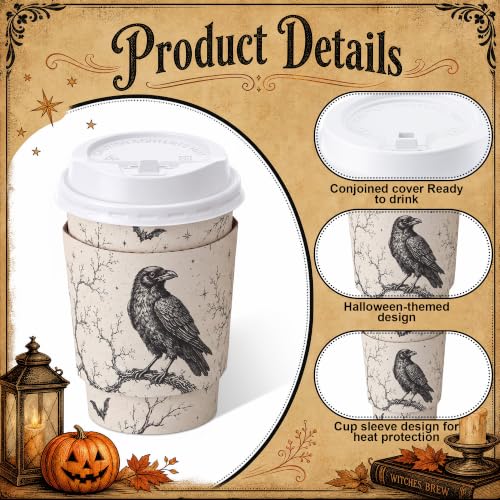 100 Sets 8 oz Halloween Disposable Coffee Cups with Lid and Sleeve (Spider)