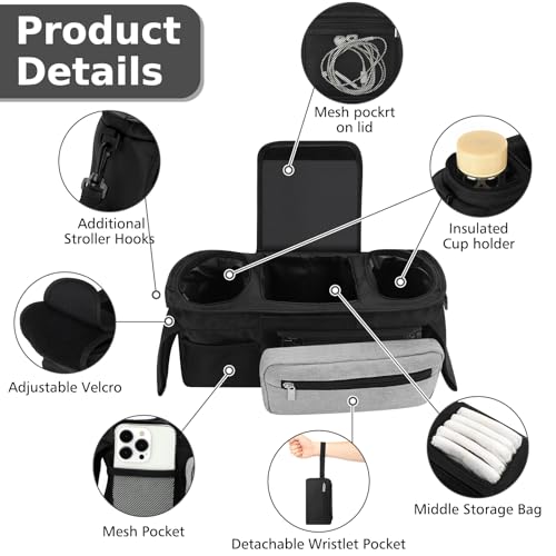 Universal Stroller Organizer with Insulated Cup Holder (Black, Grey Pocket / Classic Organizer)