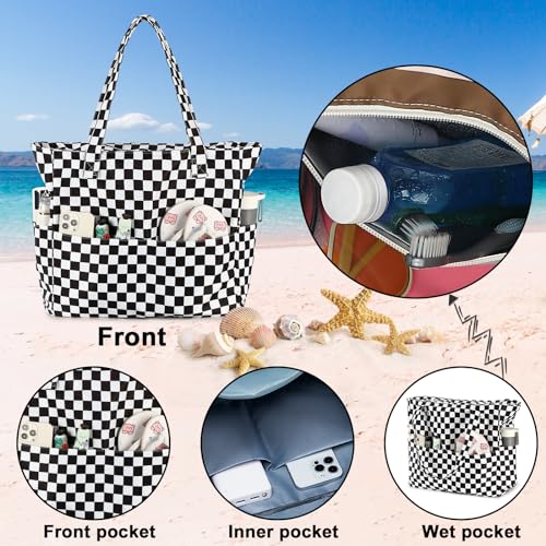 Waterproof Beach Tote Pool Bags for Women Ladies Extra Large Gym Tote Carry On Bag With Wet Compartment for Weekender Travel (Checked Black White)