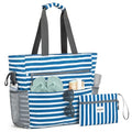 Beach Bag Waterproof Sandproof Large Capacity Foldable for Women (35L / Navy Stripe)