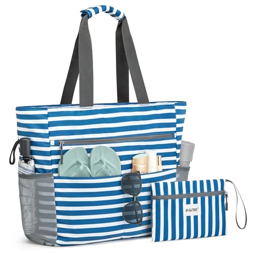 Beach Bag Waterproof Sandproof Large Capacity Foldable for Women (35L / Navy Stripe)