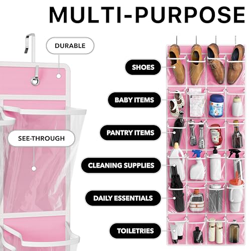 24 Pockets Large Clear Over the Door Shoe Organizer (Extra Large Pockets / Pink)