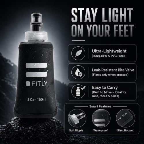 5 oz - 150ml (F1B) Soft Water Bottle Shrink As You Drink Soft Flask for Hydration Pack Folding Water Bottle Ideal for Running, Hiking, Cycling, Climbing & Rigorous Activity, Black (Black / 5 Ounces)