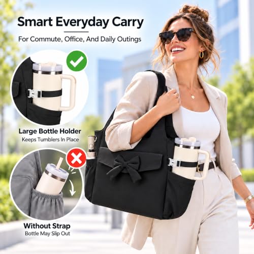 Tote Bag for Women with 15.6" Laptop Sleeve and Wet Compartment (Black Bow)