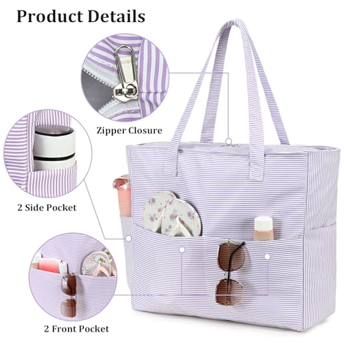 Beach Bag Waterproof Sandproof Women Beach Tote Swim Pool Bag with Zipper Wet Pocket for Gym Grocery Travel Family (Light Purple White)