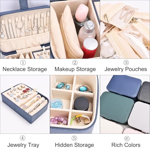 Large Jewelry Travel Case with 4 Velvet Jewelry Pouches (dark blue)