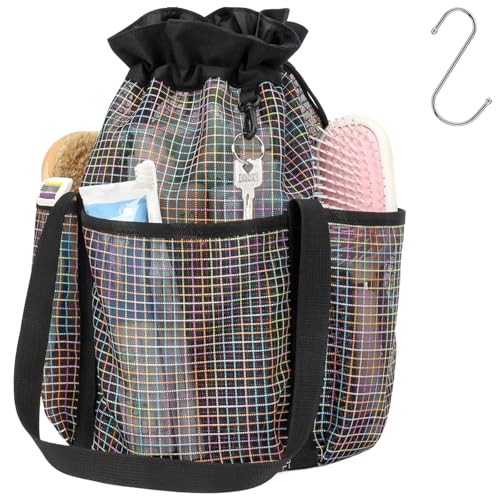 Mesh Shower Caddy Portable with Drawstring (Black Grid)