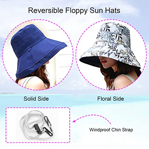 Women Floral Reversible Wide Brim Sun Hats Wired Edge Summer UPF Hat for Beach Hiking Garden Travel Lawn Work Chin Strap (Medium / Qf002-navy)