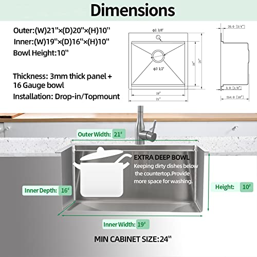 Kitchen Sink 21 x 20 x 10 Drop in Kitchen Sink 16 Gauge Stainless Steel Kitchen Sinks Single Bowl Workstation Sink with Cutting Board (21" x 20" x 10" / Stainless Steel)