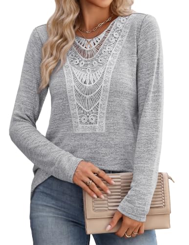 V Neck T Shirts for Women Blouses Fall Tunics Boho Chic Clothing Grey 2XL (XX-Large / Grey)