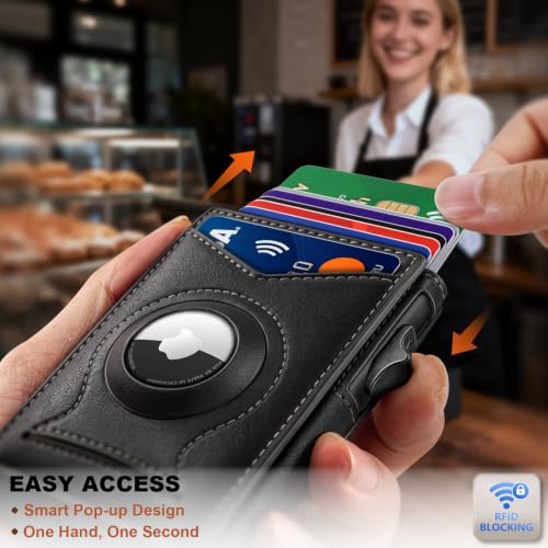 Men Slim Magnetic Leather Airtag Wallet Metal Case Money Clip (Black8797)