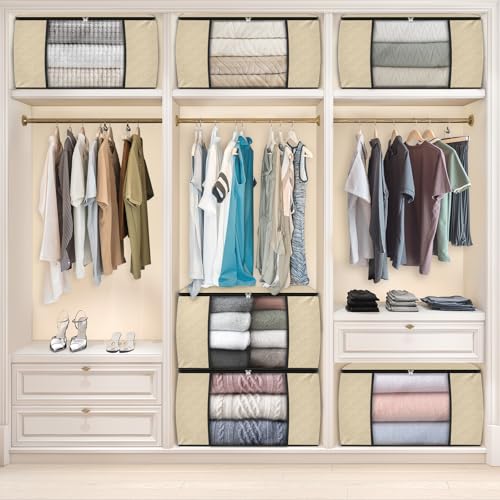 8 Pack Storage Bags for Clothes Blanket Storage Bins with Lids (8 Pack-60l / Beige)