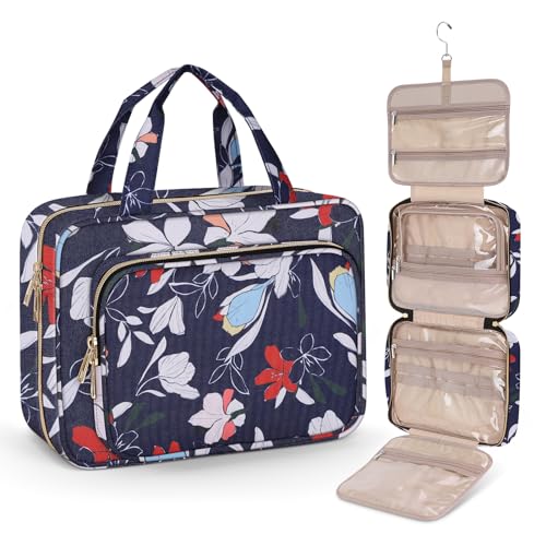 Toiletry Bag for Women (Large / Minimalist / Blue+White)