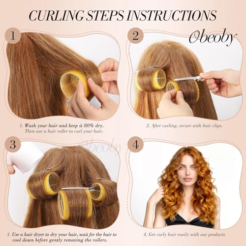 4 Sizes Hair Rollers Curlers Set with Clips for Women Girls (Yellow)