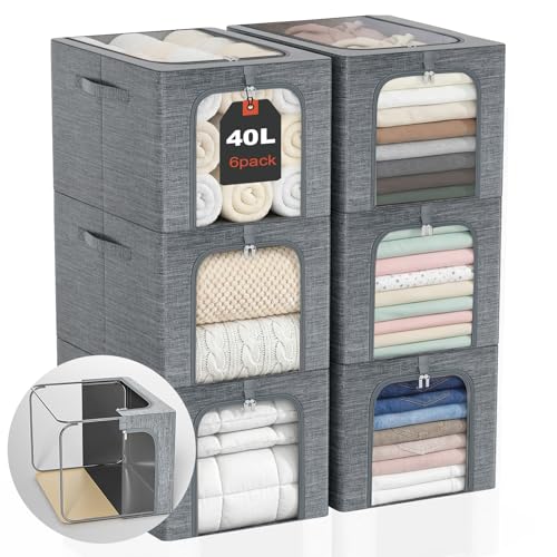 Clothes Storage Bins with Metal Frame for Closet (Gray / 40L)