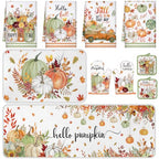10 Pcs Fall Pumpkin Kitchen Decor Set Kitchen Towels Pot Holders Oven Mitts and Rugs Set Thanksgiving Towels for Baking Cooking BBQ Autumn Home (Light Color / Little Fresh)