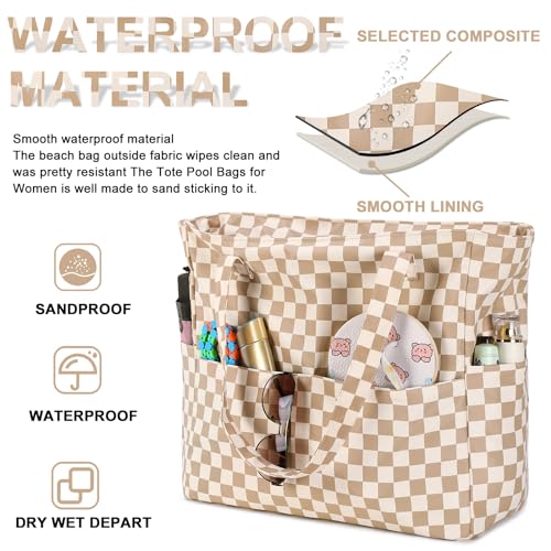 Waterproof Beach Tote Pool Bags for Women Ladies Extra Large Gym Tote Carry On Bag With Wet Compartment for Weekender Travel (A Checked Brown White)