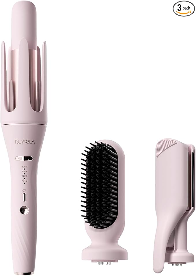 3 in 1 Automatic Curling Iron with Interchangeable 1'' Barrel, Hair Crimper, Straightening Brush, Rotating Ceramic Curling Iron with 3 Temp, 2-Way Rotation, 10S Fast Heating, Dual Voltage