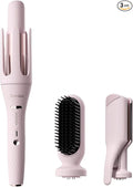 3 in 1 Automatic Curling Iron with Interchangeable 1'' Barrel, Hair Crimper, Straightening Brush, Rotating Ceramic Curling Iron with 3 Temp, 2-Way Rotation, 10S Fast Heating, Dual Voltage