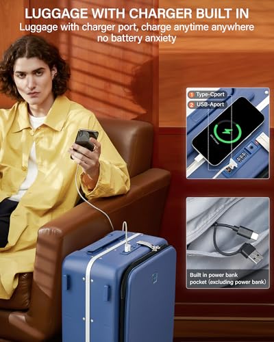 20 Inch Top Opening Carry On Luggage with Cup Holder and USB Ports (Interstellar Blue / 20 Inch Pro)