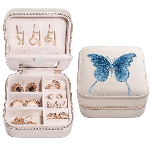 Travel Jewelry Organizer Boxes for Women Small Portable Necklace Earrings Bracelet Rings Travel Case Best Friend Birthday Gifts for Women Trendy (Butterfly_Beige_Blue)
