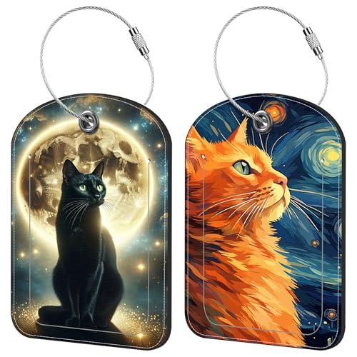 Black Cat and Sky Luggage Tag for Suitcase Set of 2 PU Leather Cute Luggage Tags with Stainless Metal Loop ID Label Privacy Flap Suitcase Tags for Women and Men Travel (Black Cat and Sky)