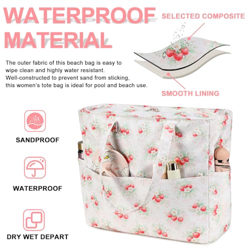 Waterproof Beach Tote Pool Bags for Women Ladies Extra Large Carry On Bag With Wet Compartment for Weekender Travel (Red Strawberry & White Floral)