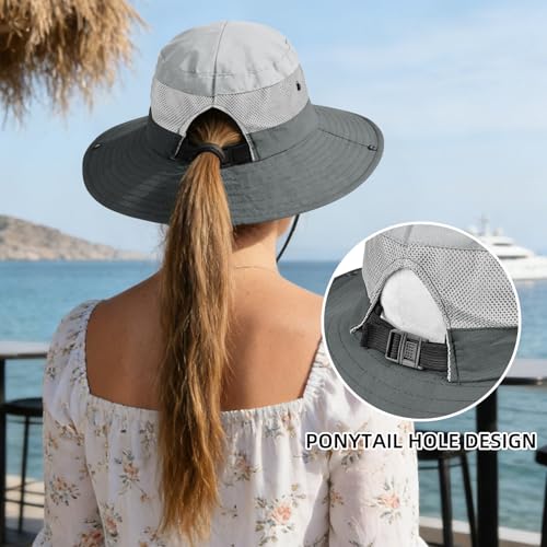 Ponytail Sun Bucket Hats for Women UV Protection Foldable Wide Brim (1 Pack-light Grey)