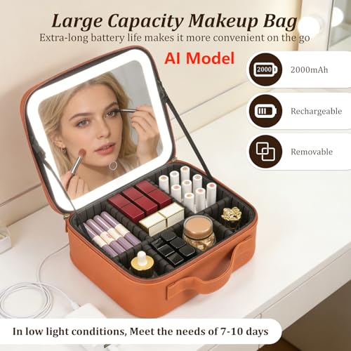 Travel Makeup Bag with Mirror & 6 Adjustable EVA Dividers (Camel---6 Dividers)