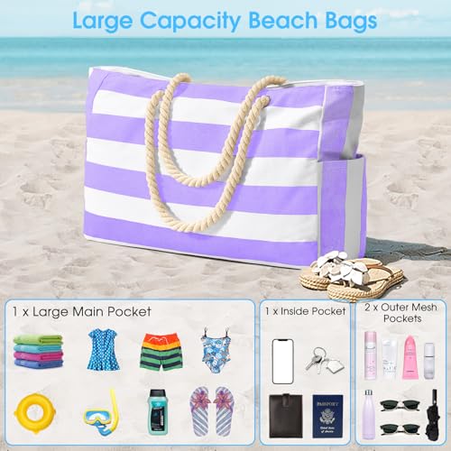 Beach Bags for Women Large Waterproof Beach Tote Bag Zipper Beach Bags Waterproof Sandproof Swim Pool Bag Large Tote (Purple)