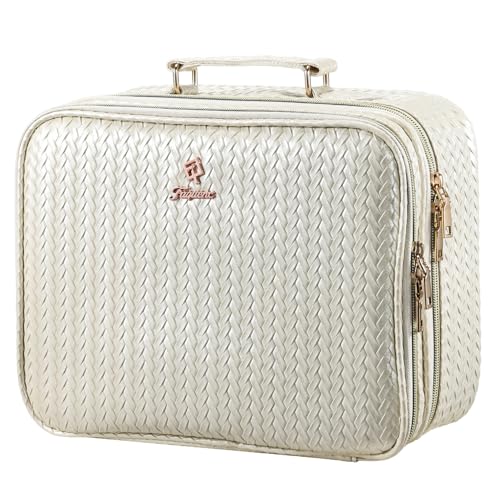 Makeup Bag with LED Lighted Mirror 12.2 IN Cosmetic Train Case Double Layer Makeup Case Adjustable Brightness in 3 Colors Cosmetic Organizer Artist Storage with Brush Holder Vanity Beige (12.2 Inch Beige / 0-Double Layer)