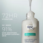 RoC Hydration+ Hyaluronic Acid Serum for Face, Hydrating, Plumping, Fragrance Free, Lightweight Formula with Collagen Proteins (1 Ounce) with Retinol Eye Cream Packette