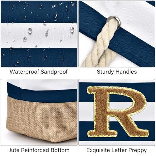 Beach Bag Initial Beach Tote with Makeup Bag for Travel (Dark Blue 2 Pcs)