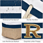 Beach Bag Initial Beach Tote with Makeup Bag for Travel (Dark Blue 2 Pcs)