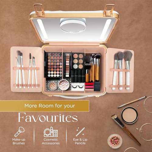 Lighted Makeup Case with Mirror + 10x Mini Mirror (White)