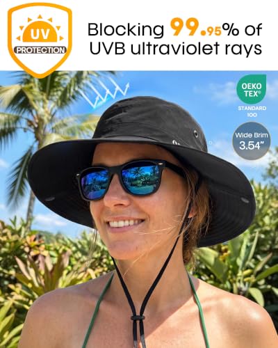 Sun Hats for Women Ponytail Wide Brim Summer Packable Cowboy Hat (One Size / Pure Black)