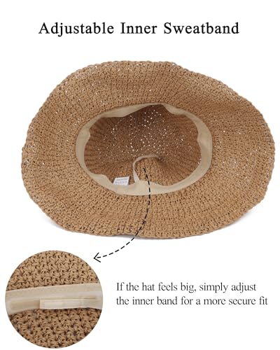 Womens Crochet Straw Sun Hat Foldable Floppy Wide Brim Beach Hat for Summer (One Size / Khaki)