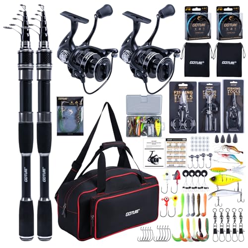 7FT Telescopic Fishing Rod & Reel Combo for Fresh (Black - 2 Rods & 1 Reels Surf Fishing Combo / 2.1M/7FT)